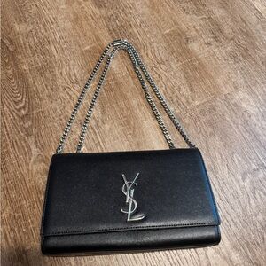 Yves Saint Laurent Black Leather Clutch with Silver Chain